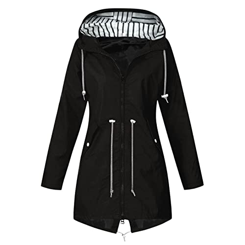 SRZYMJ Regenjacke Damen, Trenchcoat Lang Wollmantel Kariert Tailliert Bomberjacke Windjacke Atmungsaktiv Regenmantel Lang Softshelljacke Lang Sportjacke Atmungsaktiv Funktionsjacke Schwarz von SRZYMJ