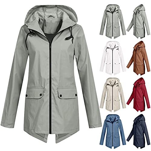 SRZYMJ Regenjacke Damen Wasserdicht Atmungsaktiv, Wasserdichte, Lange Softshelljacke Leichte Funktionsjacke Trenchcoats Funktionsjacke Outdoorjacke Windbreaker Wiederverwendbar Windproof Jacke Grau von SRZYMJ