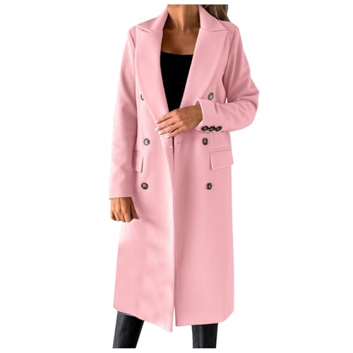 SRZYMJ Rosa Mantel Damen Warme Wintermantel Lange Umlegekragen Einfarbig Trenchcoat Elegant Langarm Outwear Herbst Winter Jacke Mantel Damen Frühling Kapuzenjacke Damen von SRZYMJ