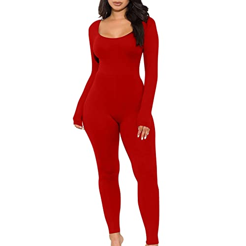 SRZYMJ Rot Damen Jumpsuits Sportbody gerippte Strick Overall Unitards Ganzanzug Gymnastik Trikot Body Elastisch Yoga Bodysuit Leggings Square Neck Hip Lift Slim Fit Langarm Strampelhöschen von SRZYMJ