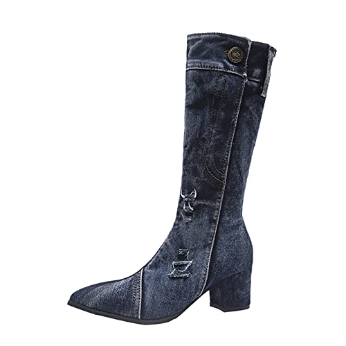 SRZYMJ Sommer Stiefeletten Damen Keilabsatz Lederstiefel Plateaustiefel Slip-On Cowboy-Stiefel Runde Hohe Stiefel Klassische Mittelrohrstiefel Overknee Stiefel Weitschaftstiefel Gummistiefel Blau 38 von SRZYMJ