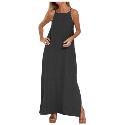 SRZYMJ Sommerkleid Damen Leinen Kleider Casual V-Ausschnitt Boho Maxikleid Kurzarm A-Linie Kleid Strandkleid Vintage Einfarbig Große Größen Langes Kleid Freizeitkleid Schwarz L von SRZYMJ
