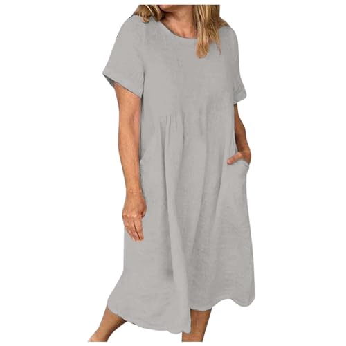 SRZYMJ Sommerkleid Damen Leinenkleider Sommer Casual Rundhalsausschnitt Kurzarm Freizeitkleid Strandkleider Boho Langes Kleid mit Taschen Grau L von SRZYMJ
