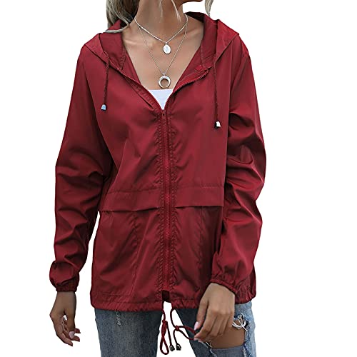SRZYMJ Sportjacke Damen Dünn, Damen Jacke Frühling Damen Outdoor Solide Jacke Kapuze Regenmantel Übergröße Regen Winddicht Wasserdicht Damen Mantel Bomberjacke Damen Frühling Rot L von SRZYMJ