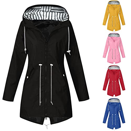 SRZYMJ Sportjacke Damen Dünn, Regenjacke Wasserdicht Atmungsaktiv, Wasserdichte, Lange Regenjacke Leichte, Atmungsaktive Outdoorjacke mit Kapuze Windbreaker Kurzmantel Übergang Schwarz XL von SRZYMJ