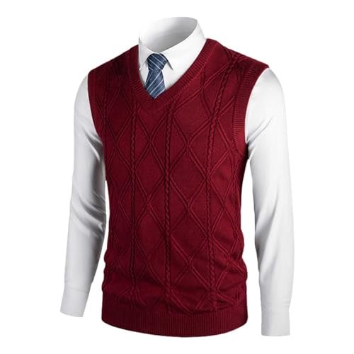 SRZYMJ Strickweste Herren Mit Knöpfen Pullunder Strickjacke Ärmellose Pullover Cardigan Ärmellose Klassische Pullover Weste Freizeit Gestrickte Business West Gentleman Rot Strickwesten M von SRZYMJ