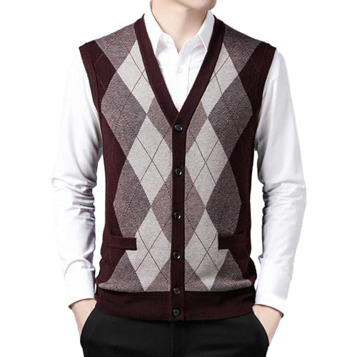 SRZYMJ Strickweste Herren Mit Knöpfen Pullunder Strickjacke Ärmellose Pullover Cardigan Ärmellose Klassische Pullover Weste Freizeit Gestrickte Business West Gentleman Rot Strickwesten XXL von SRZYMJ