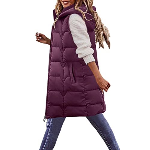 SRZYMJ Sweatweste Damen Ärmellos, Steppweste Daunenweste Weste Warmer Daunenmantel Hooded Leichte Gesteppte Weste Jacke Lange Dicker Lose Slim Gilet Winter Outdoor Klettern Reisen Lila Weste von SRZYMJ