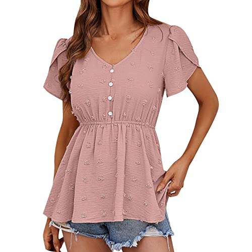 SRZYMJ T Shirts Damen Sommer Kleidung Oberteile Langarm Blusen Shirt Kurzarm Locker T-Shirts Tshirt V Ausschnitt Oversized T Shirt V Ausschnitt O-Ausschnitt T-Shirts Kurzarm Tunika Basic Shirt Rosa von SRZYMJ