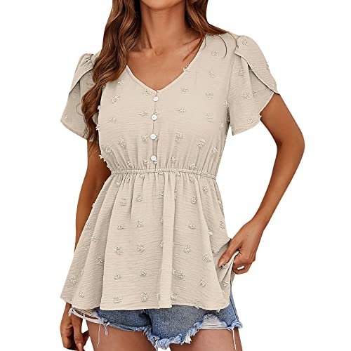 SRZYMJ T Shirts Damen Sommer Shirts Oberteile Party Bluse Kurzarm Elegant Shirt Mit Spitze T-Shirt Tshirt Set T Shirt Kurzarm Basic Tops Tunika Langarm Basic Shirt 3/4 Arm Beige von SRZYMJ