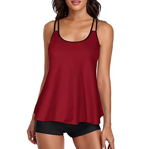 SRZYMJ Tankini Oberteil Damen, Damen Tankini Set mit Bindeband Leoparden Tankini Bademode U Ausschnitt Tiermuster Low Waist Zweiteiliger Badeanzug Swimsuit Tankini Damen Rot Tankini Damen Rot von SRZYMJ