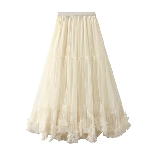 SRZYMJ Tüllrock Damen, Tüllrock Damen Lang Elegant Vintage Blume Stickerei Elastisch High Waist A Linie Swing Midi Rock Tutu Rock Petticoat Unterrock Faltenrock Tüllrock Beige von SRZYMJ