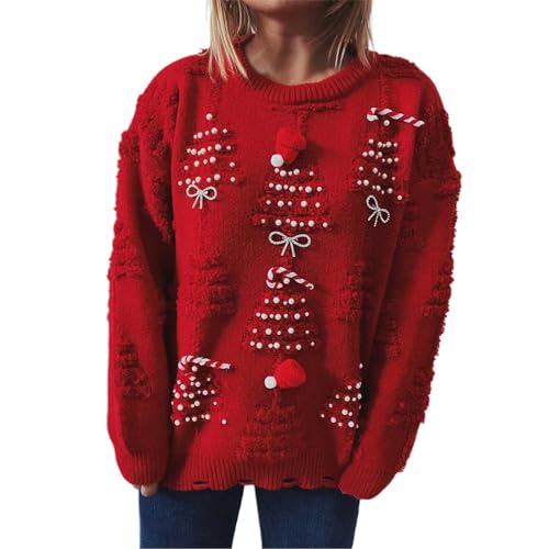 SRZYMJ Weihnachtspullover Damen, Pullover Rundhals Strickpullover Kurz Laternenärmel Weihnachtspullover Basic Wintermuster Sweater Damenpullover Langarm Langarmshirt Gestreift Sweatshirt Oversized von SRZYMJ