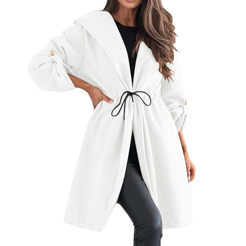 SRZYMJ Weiß Damen Trenchcoat Herbst Winter Mantel Lang Tweed Manteljacke Warm Windjacke Klassische Zweireiher Wintermantel Trenchjacke mit Gürtel S M L XL Mantel Damen Frühling Funktionsjacke von SRZYMJ