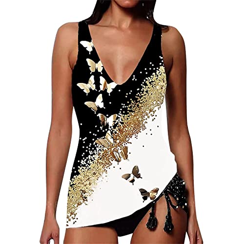 SRZYMJ Weiss Tankini Damen Große Größen Badeanzug Mit Gepolsterten Cups Bikini Damen Set Sportlich Swimsuits For Women With Skirt Bademode Damen Bauchweg Zweiteiliger Badeanzug Damen Monokini Schwarz von SRZYMJ