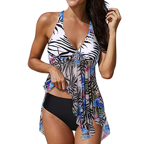 SRZYMJ Weiss Tankini Damen Große Großen Badeanzug Damen Mit Cups Bikini Oberteil Mit Bügel Oversize-Tankini Bademode Damen Bluse Blumenmuster Damen Monokini Damen Cut Out Bauchweg Tankini von SRZYMJ