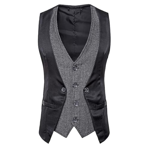 SRZYMJ Westen Herren Elegant Trachtenweste mit Blumenstickerei Einreiher Anzugweste Ärmelloses Color Blocking Druck Business Weste Männer Britischer Stil V-Ausschnitt Hochzeitsblazer Schwarz von SRZYMJ