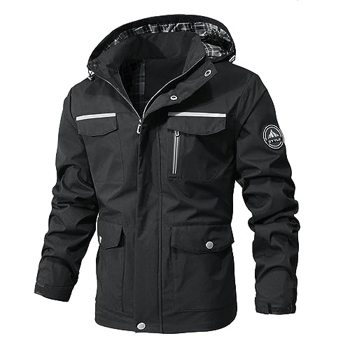 SRZYMJ Windjacke Herren Wasserdicht Übergangsjacke Leicht Winter Teddyfutter Cargojacke Regenjacke 140 Kapuzenjacke Sommer Übergangsjacke Leicht Schwarz Outdoor Softshelljacke Herren 4XL von SRZYMJ