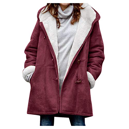 SRZYMJ Wintermantel Damen Warm Gefüttert, Fleecejacke Hoodie Button Down Fleecemantel mit Tasche Teddyfleece Kapuzenjacke Fleece Jacke Mäntel Lockere Warm Vliesjacke Outwear Winterjacke Wintermantel von SRZYMJ