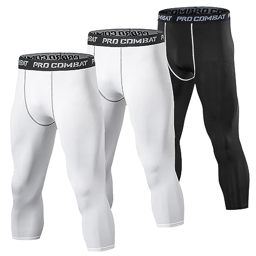 SS COLOR FISH 3 Pack 3/4 Herren Kompressionshosen Athletic Baselayer Workout Sport Laufen Leggings Laufhose für Männer, 2 Weiß & 1 Schwarz, X-Groß von SS COLOR FISH