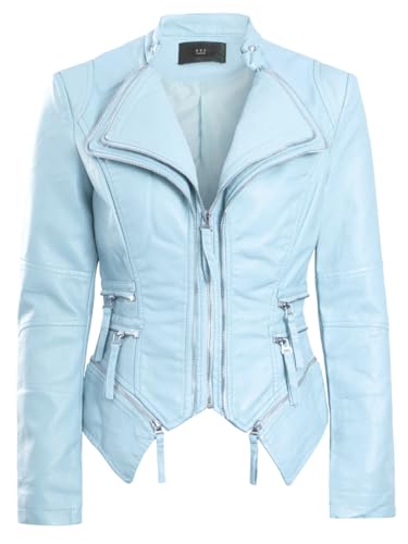 SS7 Damen Bikerjacke aus Kunstleder (DE/NL/SE/PL, Numerisch, 38, Regular, Regular, Himmelblau) von SS7