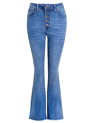 SS7 Damen Denim Bootcut Jeans mit hoher Taille Roher Saum Knopfverschluss von SS7