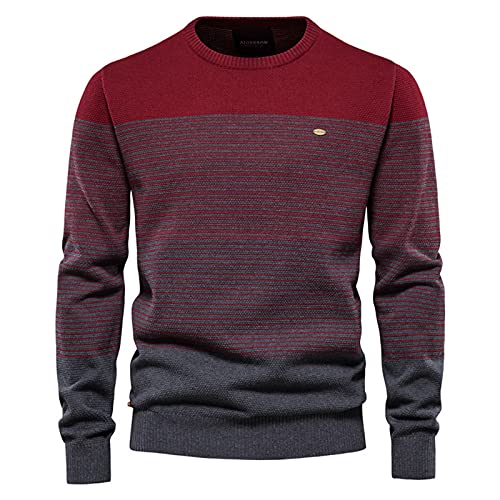 BeerMmay Herren Pullover Herren gestreifter Kontrast Pullover Herren schmaler Rundhals gestreifter Pullover Herren Pullover Casual Top, M, Rot von BeerMmay