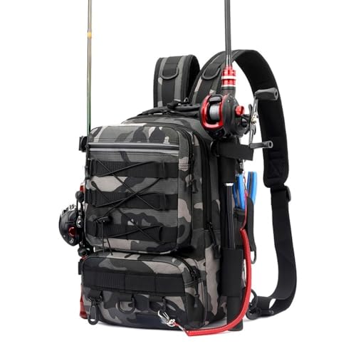 SSDH Angelausrüstungstasche Multifunktionaler Wasserdichter Angelrucksack Outdoor-Wanderrucksack Reiserucksack (Graue Tarnung) von SSDH