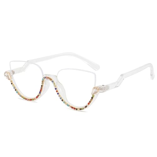 SSFVTTL Anti-Blaulicht-Luxus-Kristall-Halbrand-Modebrille für Damen im Cat-Eye-Stil (bunter Kristall) von SSFVTTL