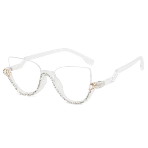 SSFVTTL Anti-Blaulicht-Luxus-Kristall-Halbrand-Modebrille für Damen im Cat-Eye-Stil (transparenter Kristall) von SSFVTTL