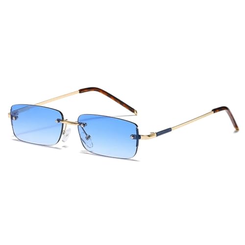 SSFVTTL Modische rechteckige Sonnenbrille für Damen, Vintage, randlos, klare Ozean-Farbverlaufsgläser, Herren, UV400 (goldblauer Farbverlauf) von SSFVTTL
