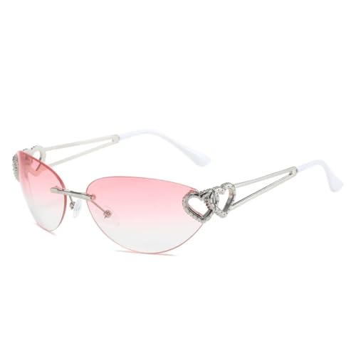 SSFVTTL Vintage Punk Randlose Doppelherz-Sonnenbrille Damen für Herren Katzenaugenbrille Mode Luxus (Pink) von SSFVTTL