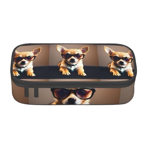 SSGVLPTO Chihuahua Hundebrille 1 Druck Schreibwaren Organizer, Doppelreißverschluss, großes Federmäppchen, tragbares Federmäppchen, Schwarz , Einheitsgröße, Blumenmuster von SSGVLPTO