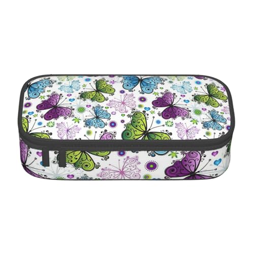 SSGVLPTO Federbunter Schmetterlings-Druck, Schreibwaren-Organizer, doppelter Reißverschluss, großes Federmäppchen, tragbares Federmäppchen, Schwarz , Einheitsgröße, Blumenmuster von SSGVLPTO