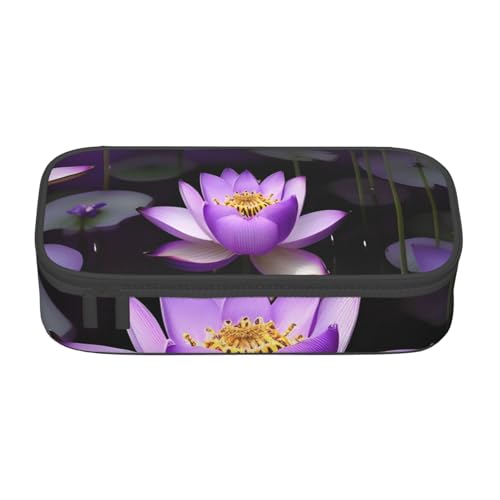 SSGVLPTO Federmäppchen mit Lotusblüten-Aufdruck, doppelter Reißverschluss, großes Federmäppchen, tragbares Federmäppchen, Schwarz , Einheitsgröße, Blumenmuster von SSGVLPTO