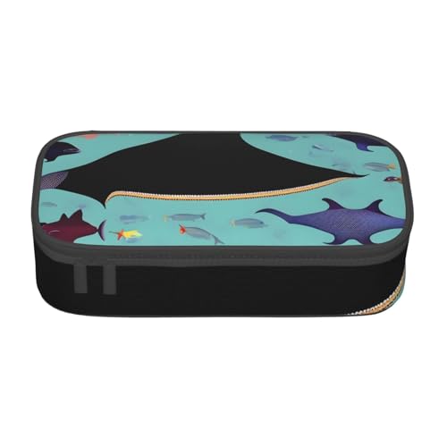 SSGVLPTO Manta Ray and Fish Print Schreibwaren-Organizer, großes Federmäppchen mit doppeltem Reißverschluss, tragbares Federmäppchen für Stifte, Schwarz, Talla única, Blumig von SSGVLPTO
