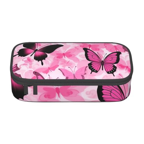 SSGVLPTO Pink Butterfly Nahtloser Fliesendruck-Schreibwaren-Organizer, Doppelreißverschluss, großes Federmäppchen, tragbares Federmäppchen von SSGVLPTO