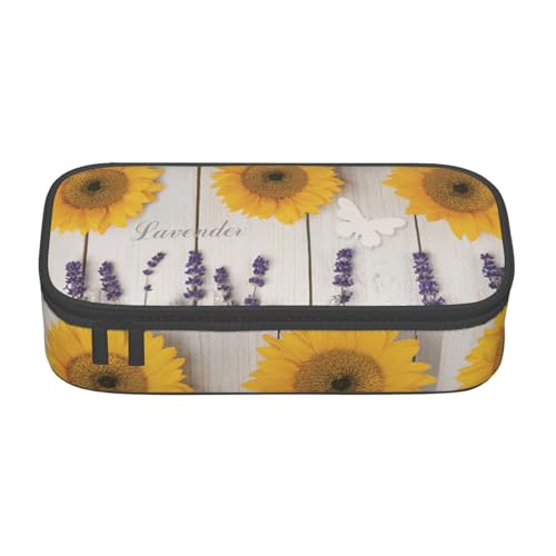 SSGVLPTO Schreibwaren-Organizer, Sonnenblumen auf Holz, doppelter Reißverschluss, großes Federmäppchen, tragbares Federmäppchen, Schwarz , Einheitsgröße, Blumenmuster von SSGVLPTO