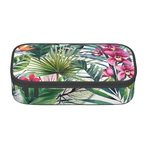 SSGVLPTO Schreibwaren-Organizer mit tropischen Pflanzen, doppelter Reißverschluss, großes Federmäppchen, tragbares Federmäppchen, Schwarz , Einheitsgröße, Blumenmuster von SSGVLPTO