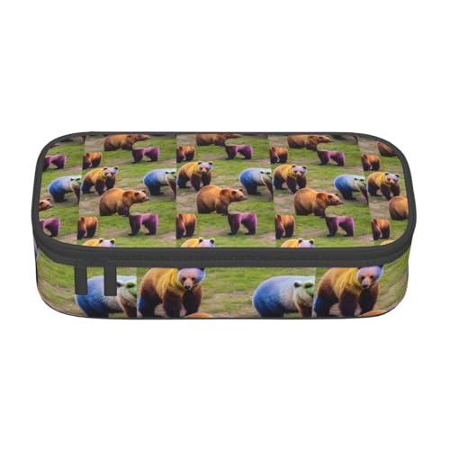 SSGVLPTO Viele bunte Bären-Druck-Schreibwaren-Organizer, Doppelreißverschluss, großes Federmäppchen, tragbares Federmäppchen, Schwarz , Einheitsgröße, Blumenmuster von SSGVLPTO