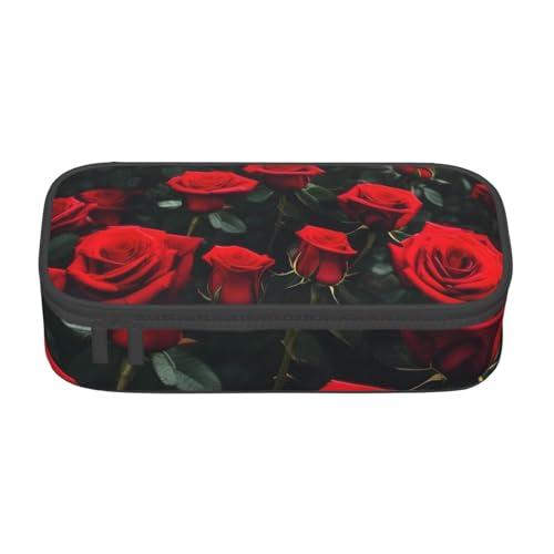 SSGVLPTO Viele rote Rosen-Druck-Schreibwaren-Organizer, Doppelreißverschluss, großes Federmäppchen, tragbares Federmäppchen, Schwarz , Einheitsgröße, Blumenmuster von SSGVLPTO