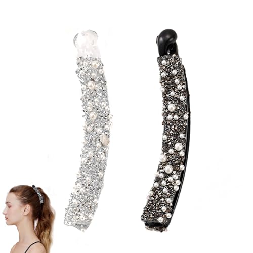 2 Stück Bananenspange, Bananen Haarspangen Damen, Strass Perlen Banane Haarspangen, für Damen, für Dickes Feines Haar (Schwarz + Weiß) von SSHUIKKAI