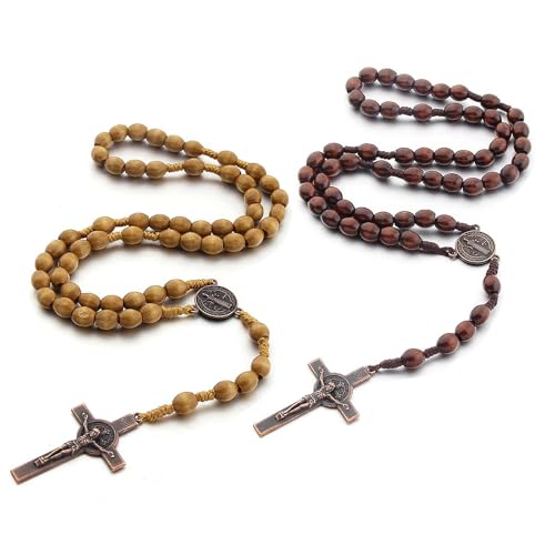SSHUIKKAI 2 Stück Rosenkranz Kette, Orthodoxes Kreuz, Jesus Kreuz Kette, Rosenkranz Holz, für Katholische Christen Religiöse Kommunion, Taufe, Messe, Bibel(Dunkelbraun/Hellbraun) von SSHUIKKAI
