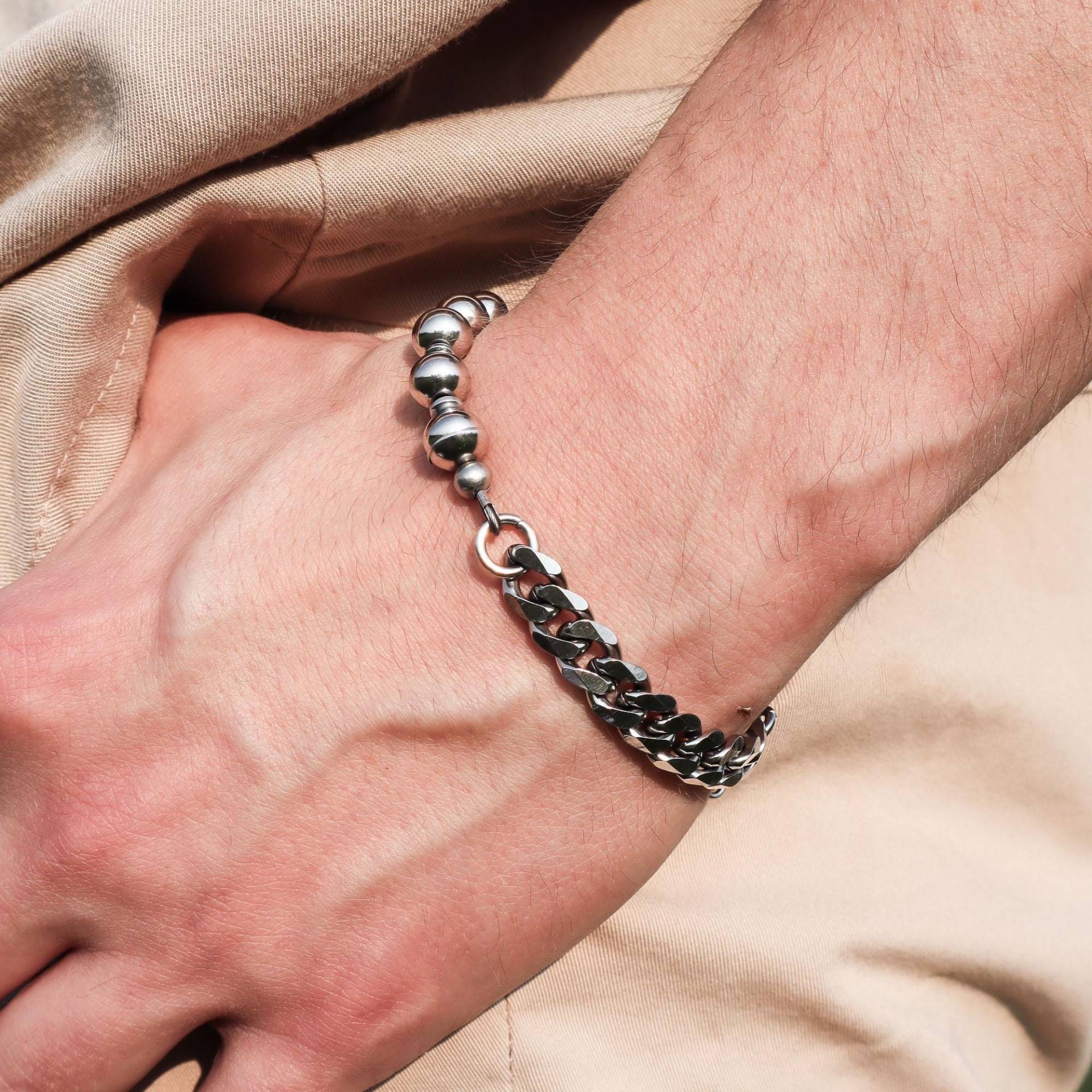 Mitte | Handgemachte Halb Und Edelstahlkette Perlenarmband Wasserdichtes Silber Herrenarmband Einstellbar von SSIIBB