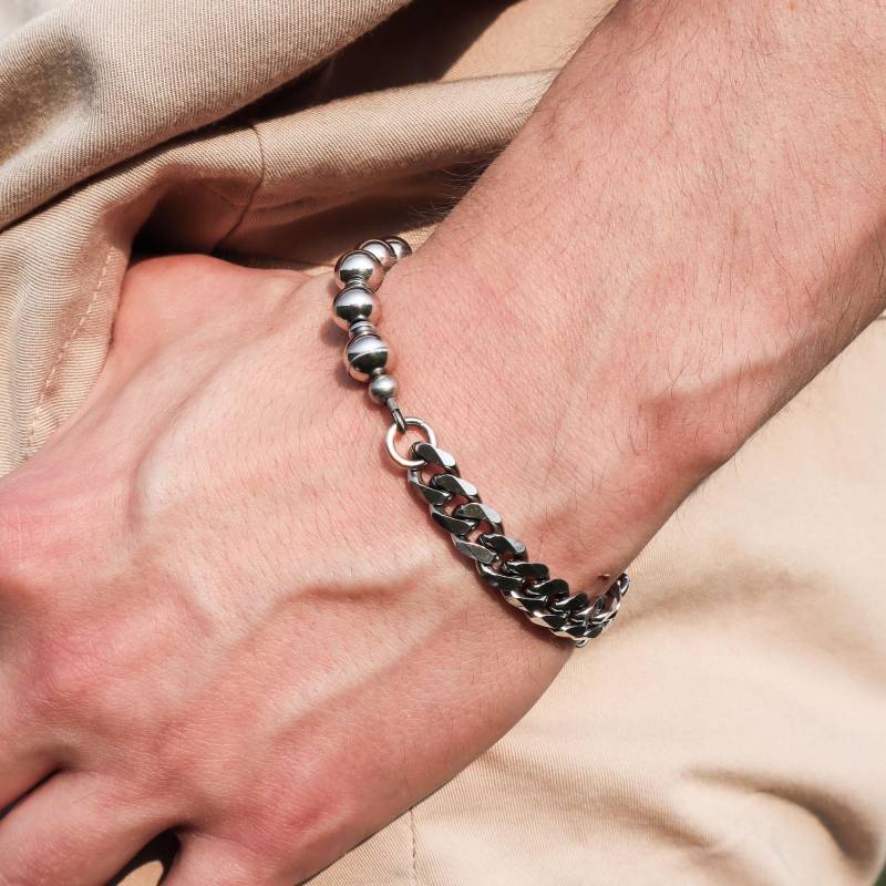 Mitte | Handgemachte Halb Und Edelstahlkette Perlenarmband Wasserdichtes Silber Herrenarmband Einstellbar von SSIIBB