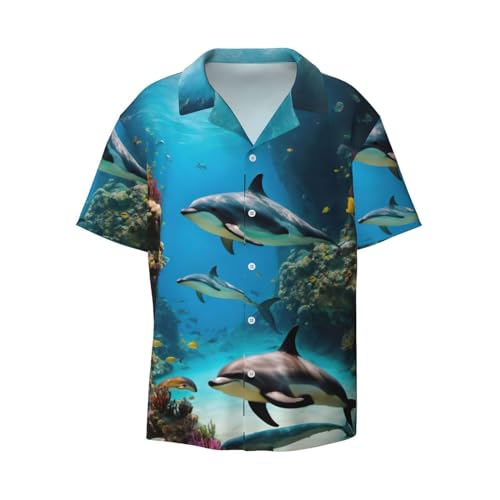 3D-Unterwasserwelt-Hemd mit Delphi-Druck, kubanischer Kragen, kurzärmelig, perfekte Strand- und Freizeitkleidung für Herren, Schwarz, XXL von SSIMOO