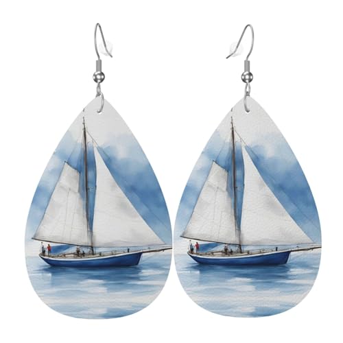 Blaue Segelboot-Ohrringe aus Leder, tropfenförmig, modisches Accessoire für Damen, Valentinstag, Einheitsgröße, Leder Leder Polyurethan von SSIMOO