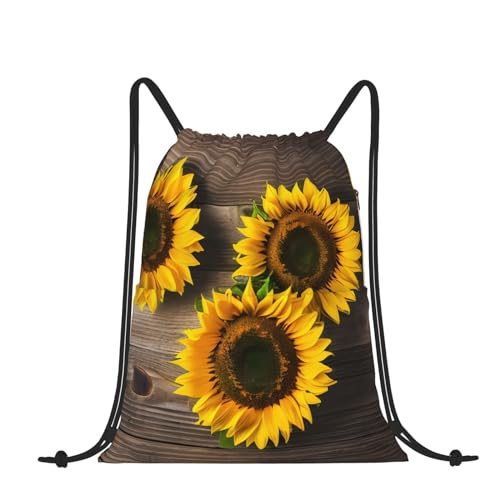 Drei Sonnenblumen auf Holz, modisch, funktional, Seil-Rucksäcke für Damen, perfekt für Fitnessstudio und Outdoor-Sportarten, Drei Sonnenblumen auf Holz 2, Einheitsgröße von SSIMOO