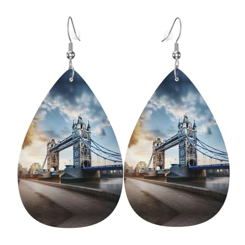 Historische Old Tower Bridge London Tropfenförmige Leder-Ohrringe für Damen, modisches Accessoire, Valentinstag unverzichtbar, Einheitsgröße, Leder Leder Polyurethan von SSIMOO