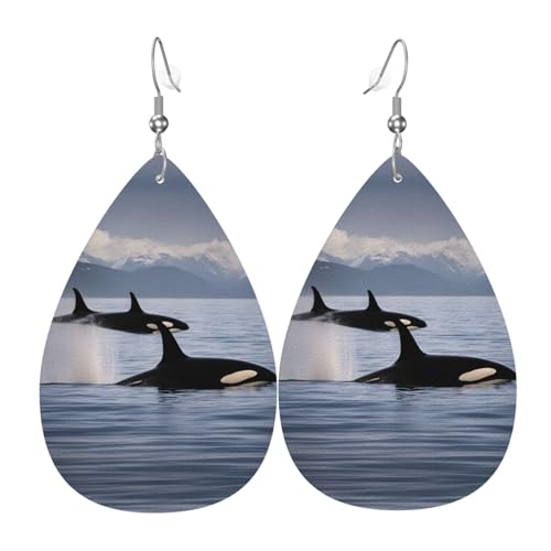Killerwale schwimmen entlang tropfenförmiger Leder-Ohrringe, modisches Accessoire für Damen, Valentinstag, Einheitsgröße, Leder Leder Polyurethan von SSIMOO